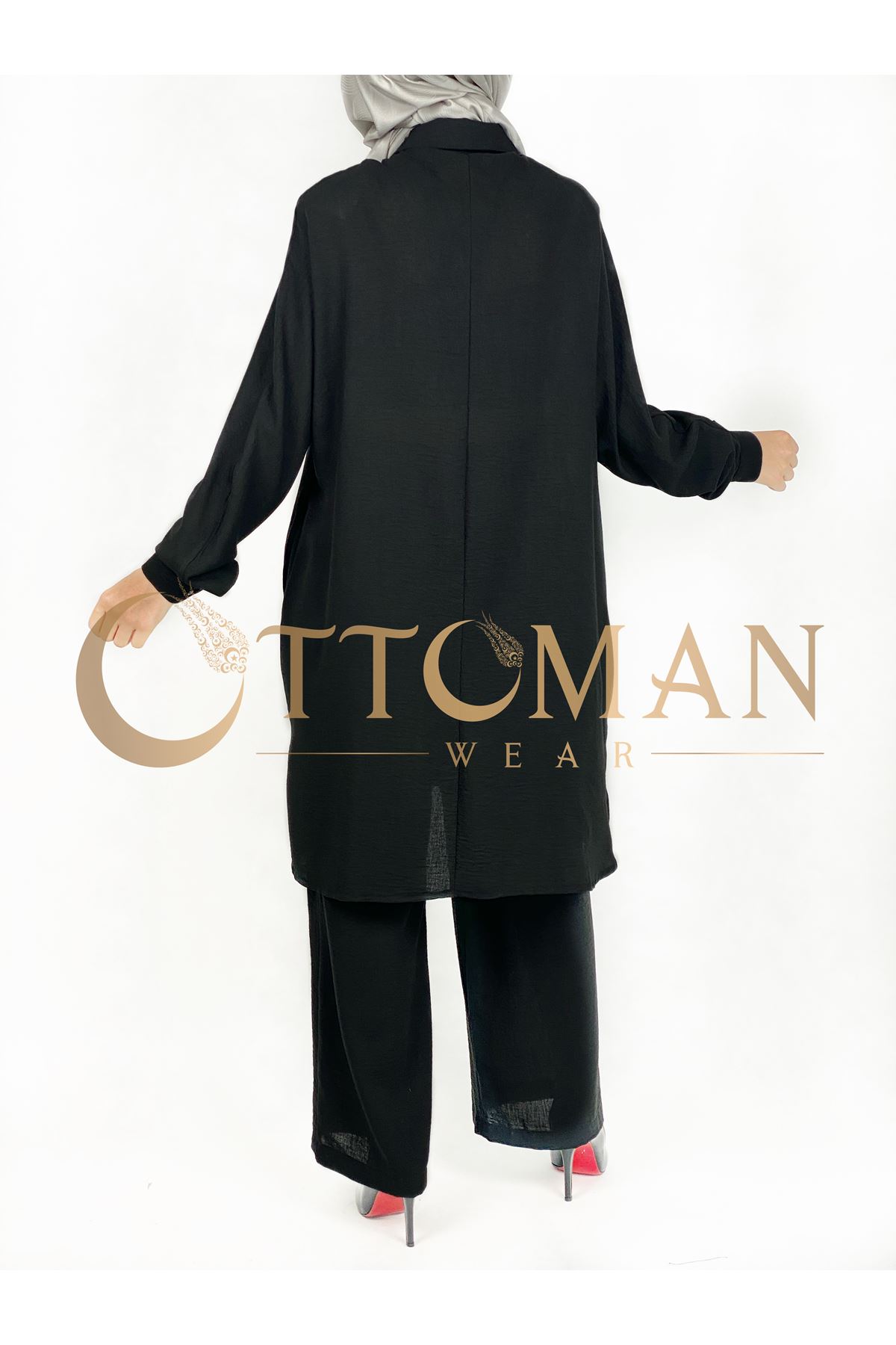 OTW657 Yakası Zincir Detaylı Pantolonlu Takım Siyah