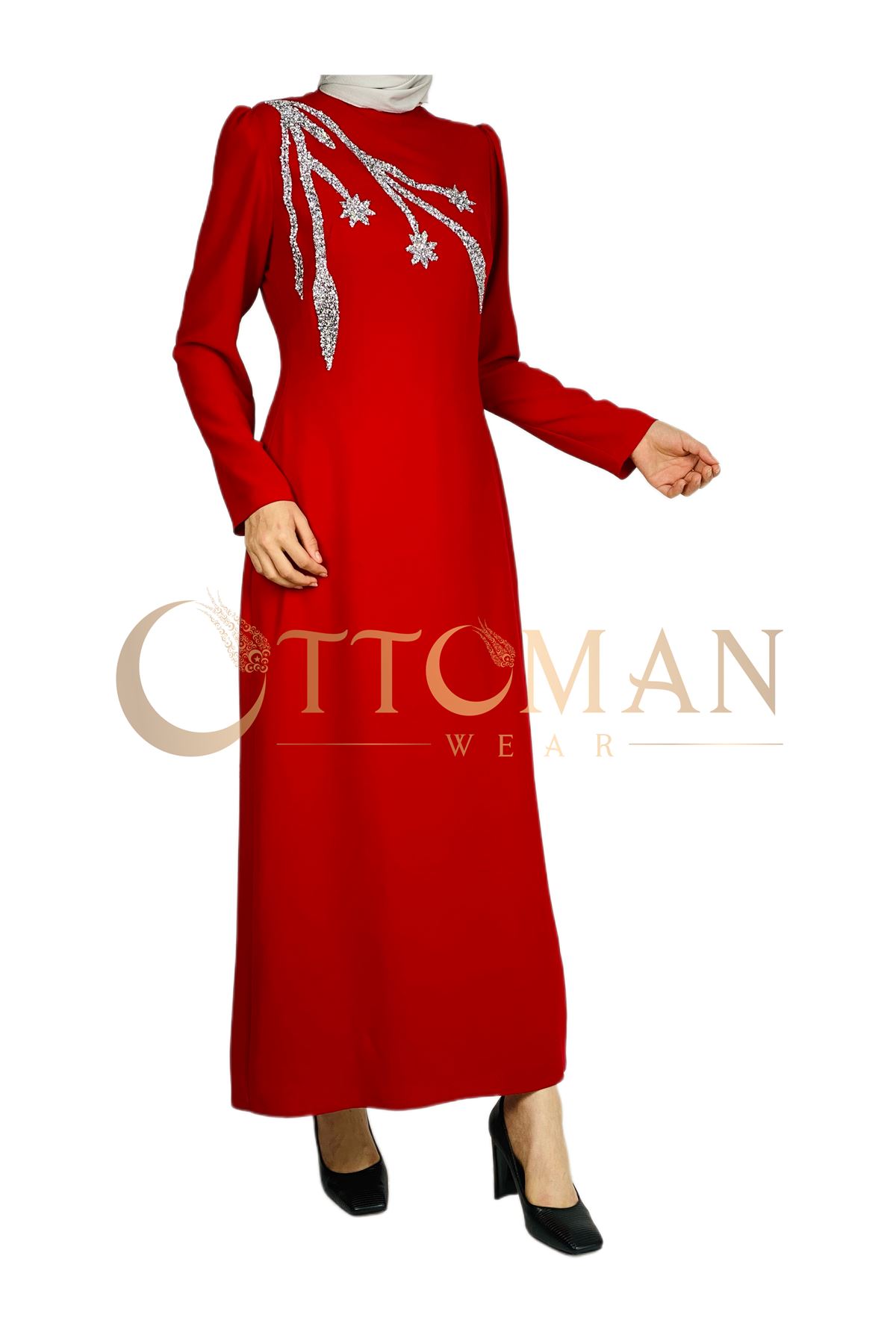OTW3609 Omuz İşleme Detaylı Abiye Elbise Kırmızı