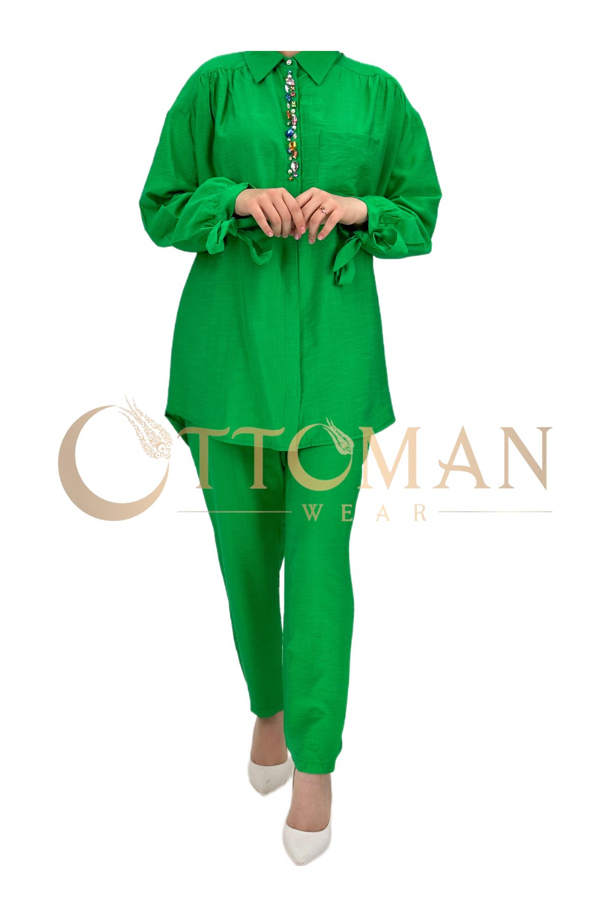 OTW9569 Taşlı Pantolonlu Takım Yeşil