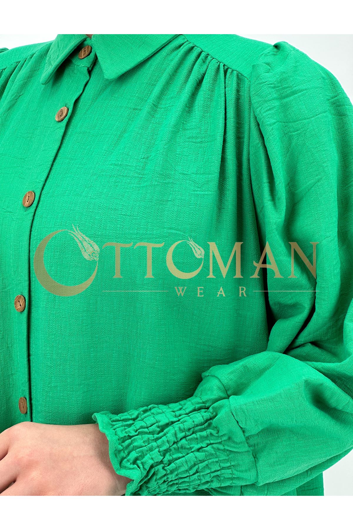OTW2037 Keten Elbise Yeşil