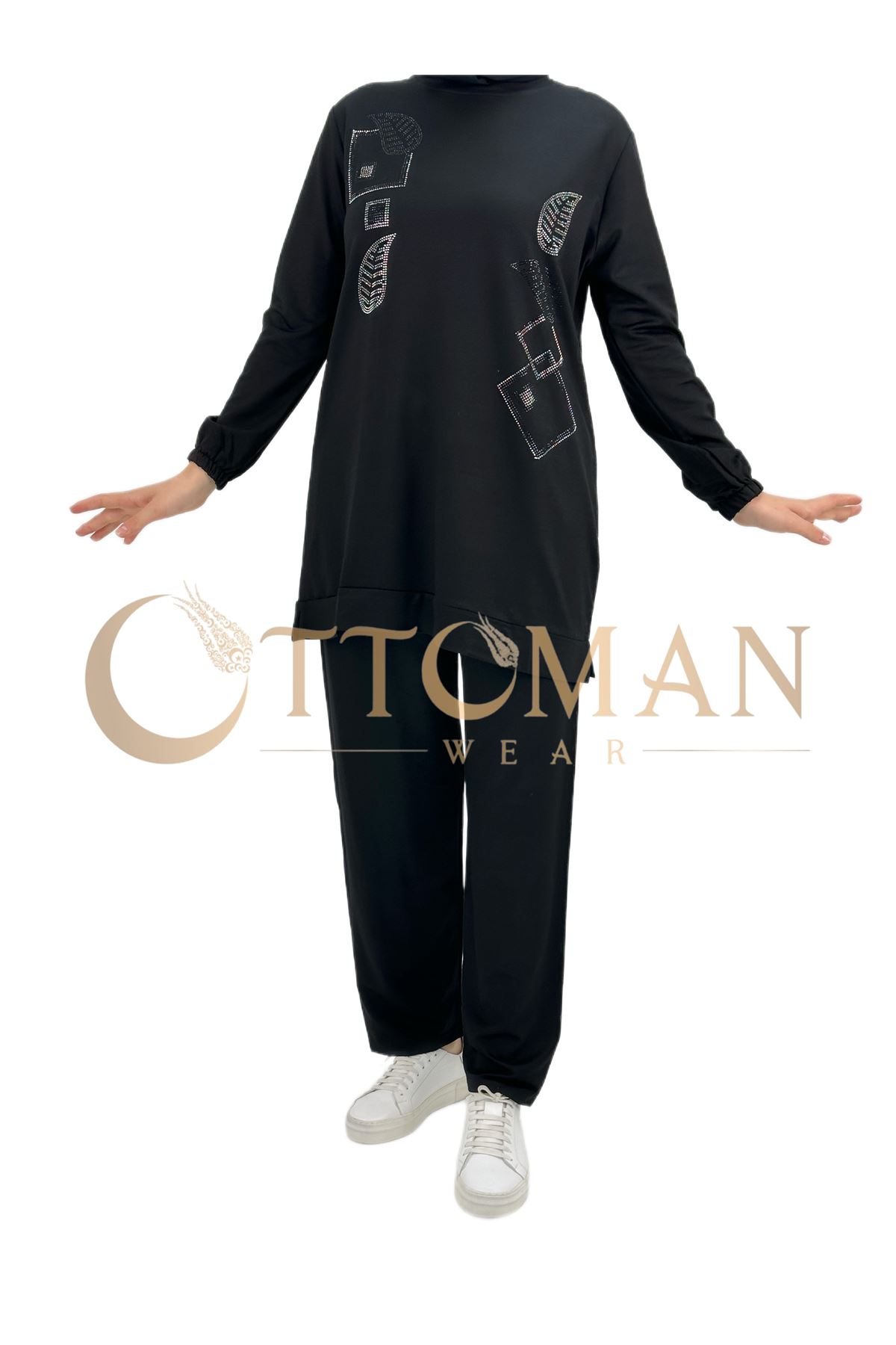 OTW005 Geometrik Desenli Pantolonlu Takım Siyah