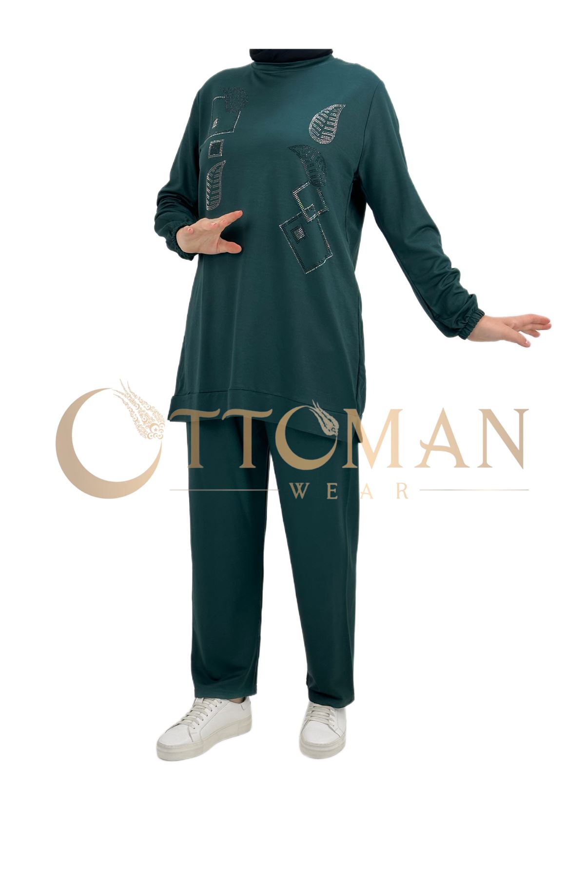 OTW005 Geometrik Desenli Pantolonlu Takım Zümrüt