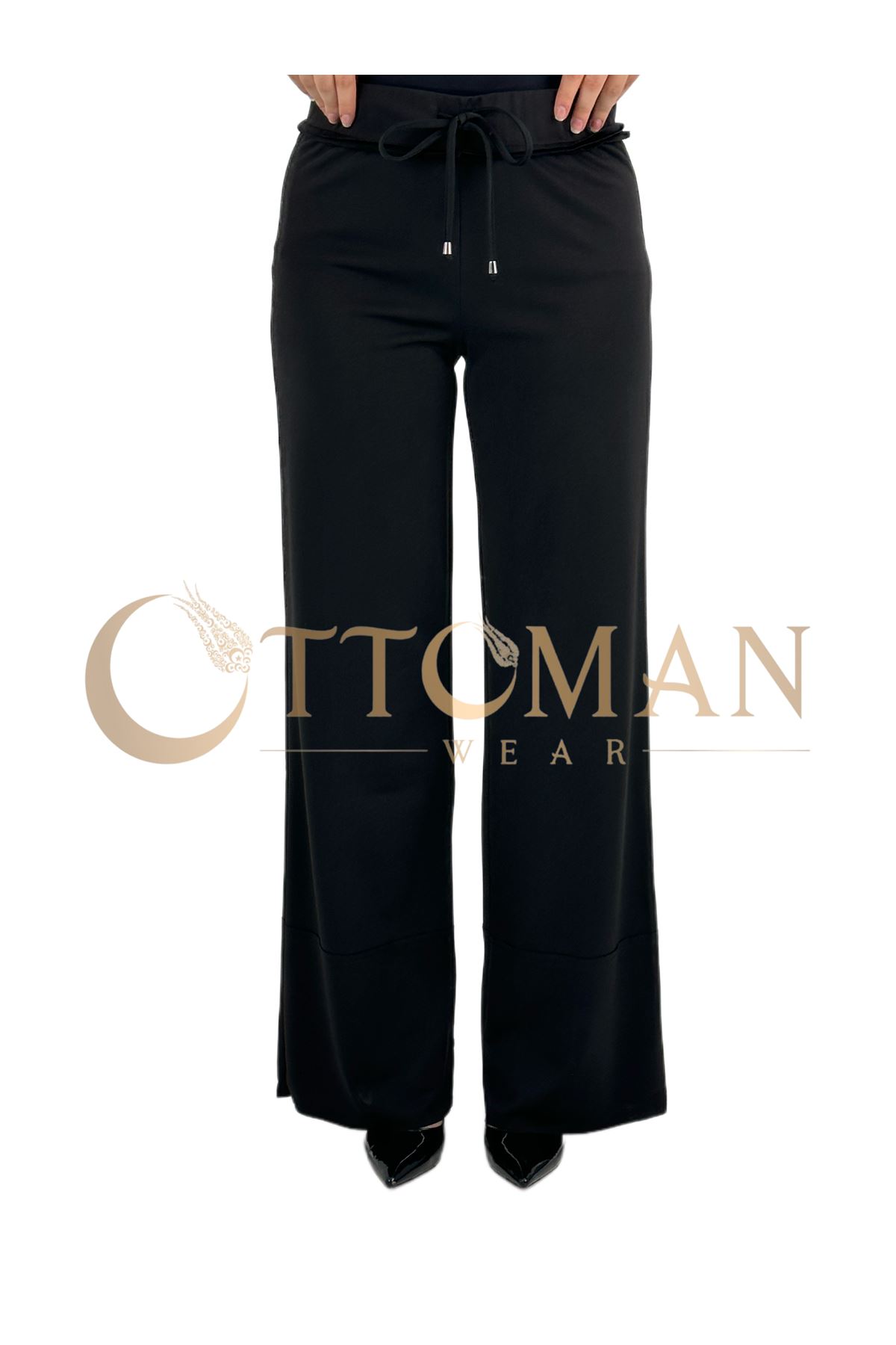 OTW5384 Geniş Örme Pantolon Siyah