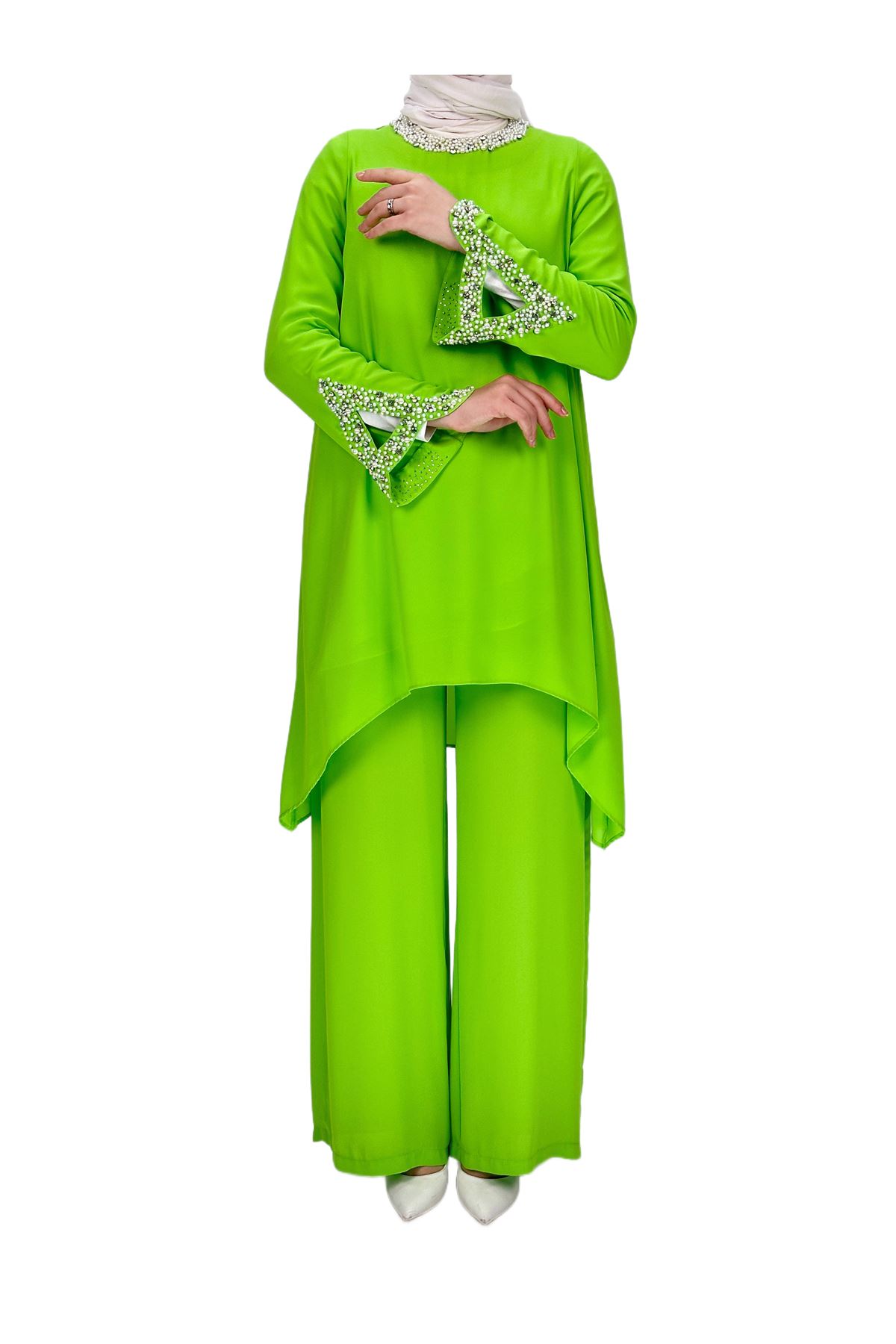 OTW40945 Büyük Beden Pantolonlu Takım Neon Yeşil