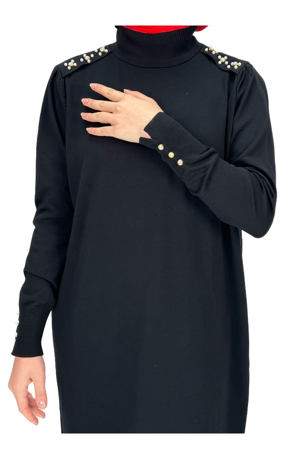 OTW182 Omuzu İncili Merserize Triko Elbise Siyah