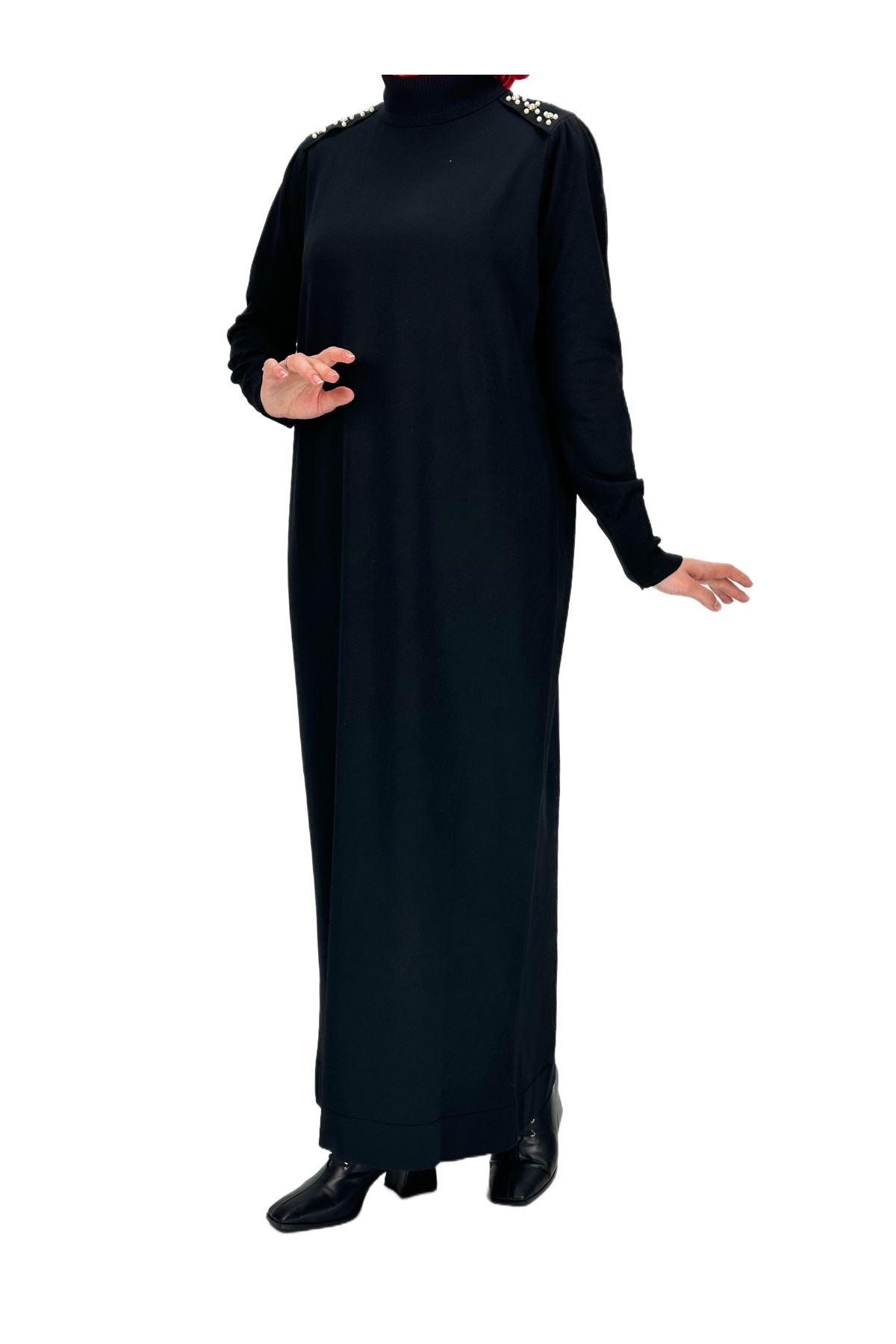OTW182 Omuzu İncili Merserize Triko Elbise Siyah